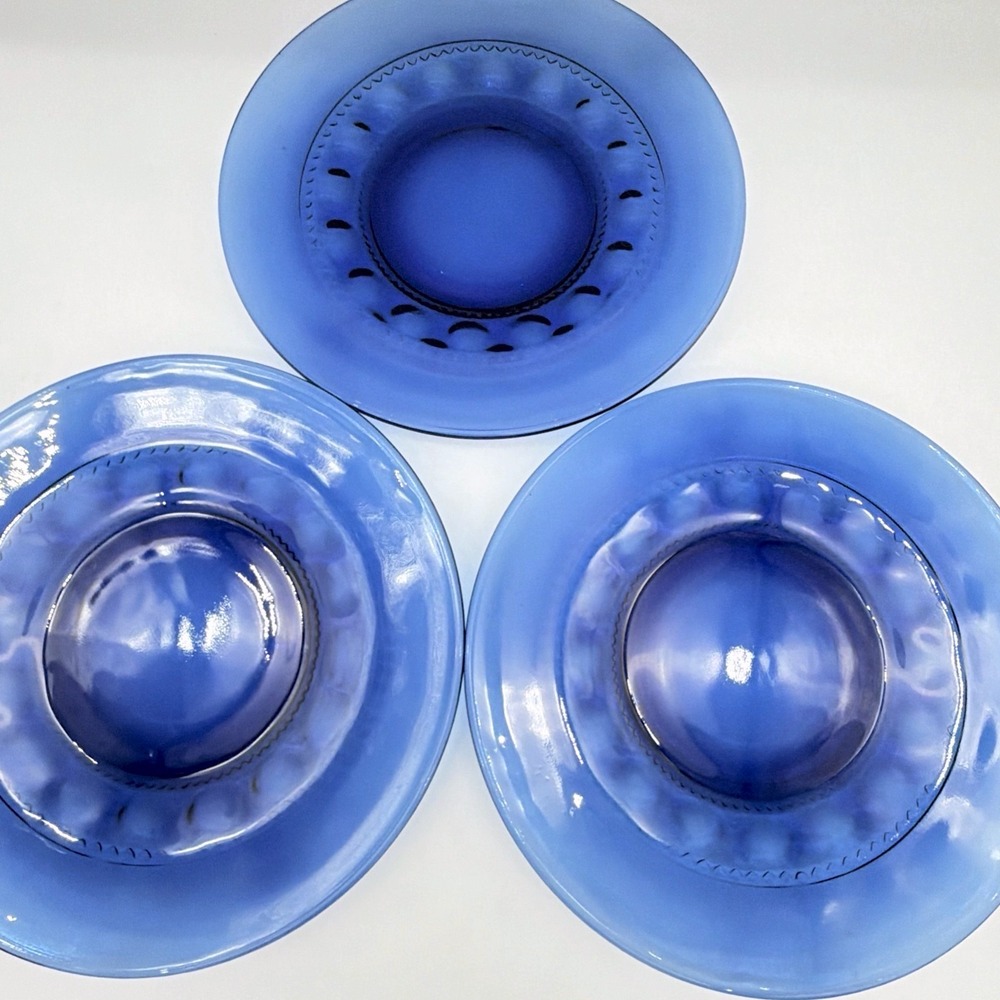 Crown Thumbprint Cobalt Blue Glass Dinner Plates Scalloped Textured Rim Set